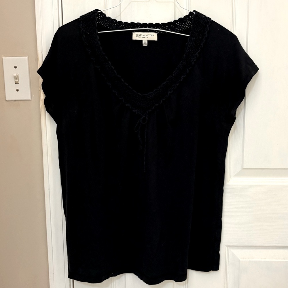 Jones New York Sport Woman Short Sleeve Black Top with Crochet Trim